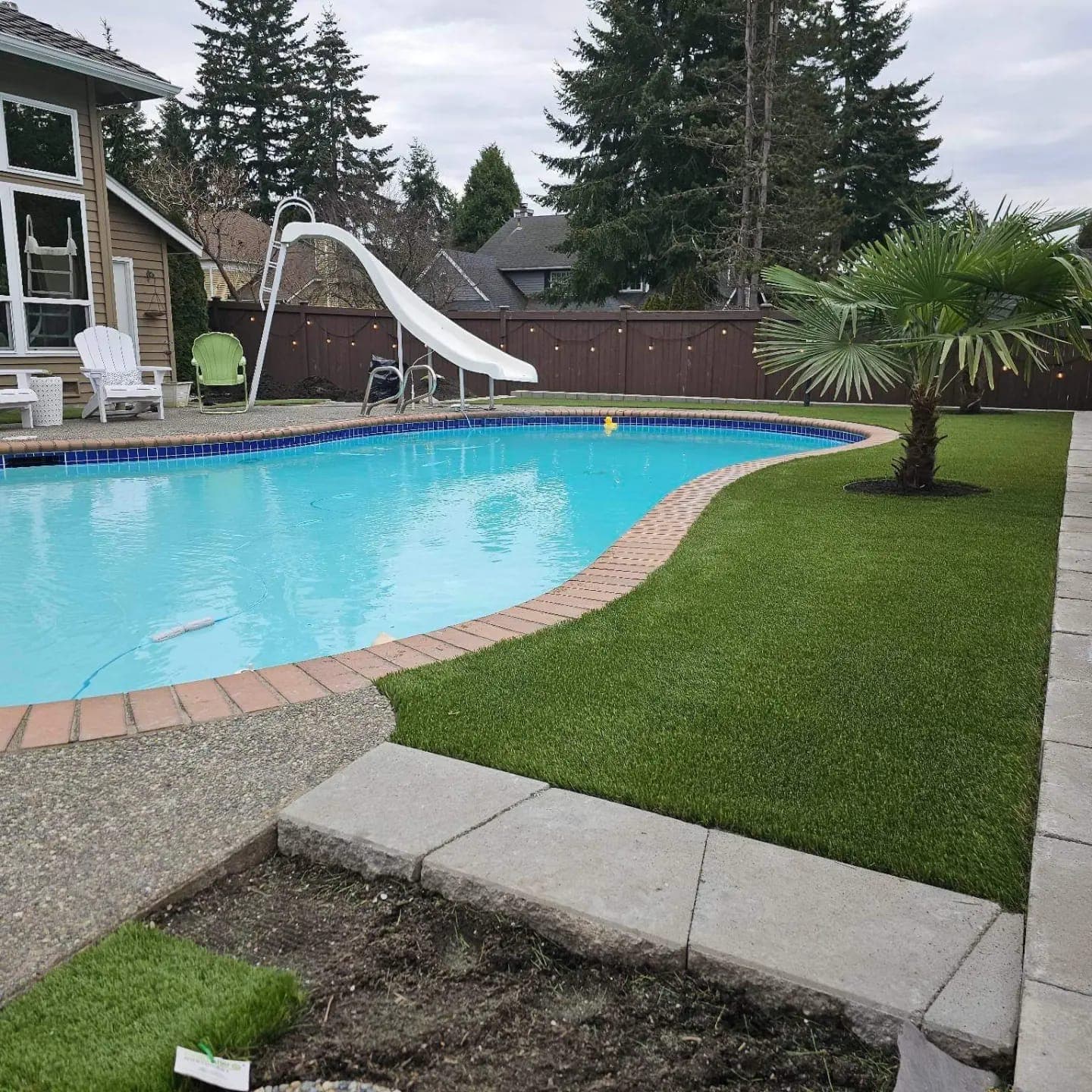 Artificial grass lawn surrounding a backyard pool, installed by Synthetic Turf Solutions in the Greater Seattle Area